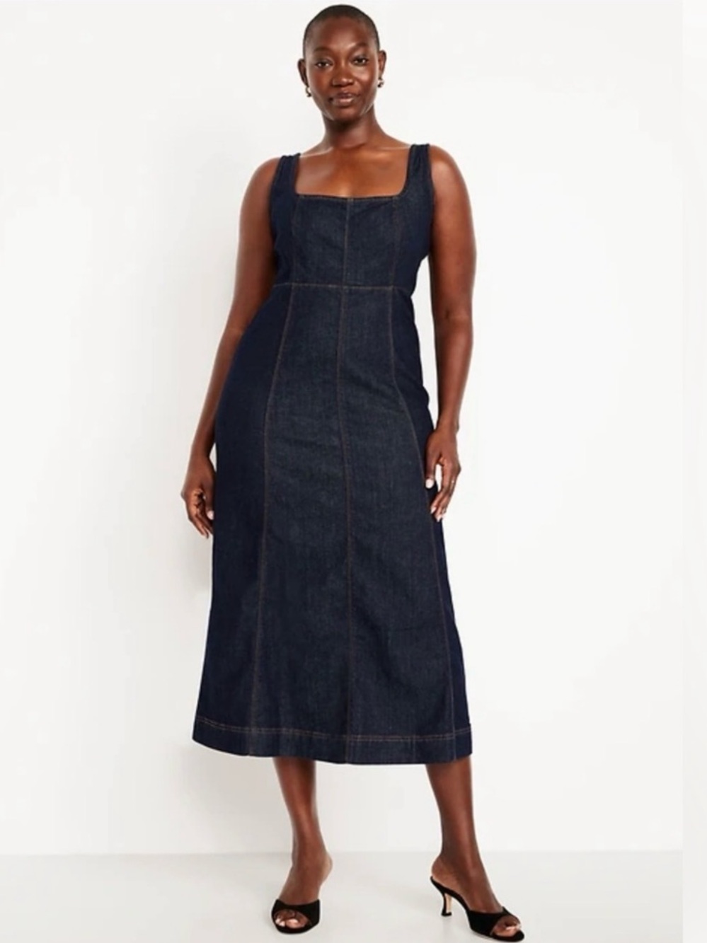 Old Navy black denim midi dress with zipper detail L